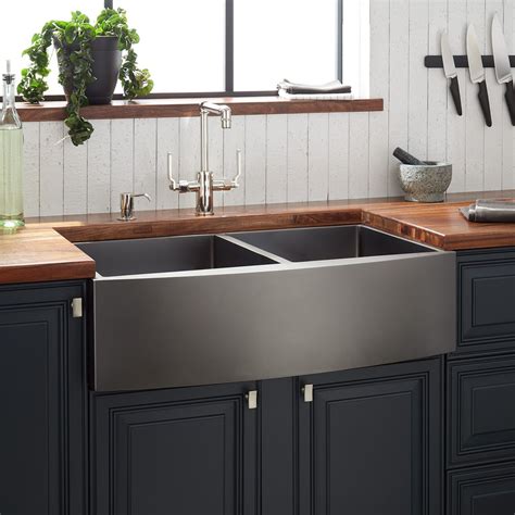 grey cabinets with stainless steel farmhouse sink|grey kitchen with farmhouse sink.